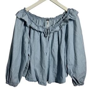 Free People Top Women XS Blue Lilly of The Valley Ruffle Neck Denim Chambray